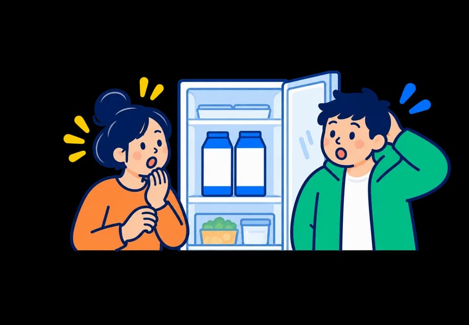 冷蔵庫に牛乳が2本並んでいるのを見て驚く夫婦