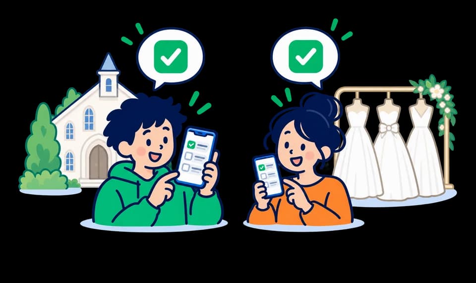 式場の前の新郎とドレス店の前の新婦がそれぞれチェックする