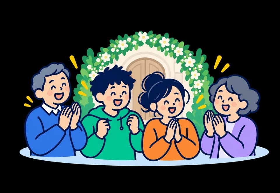 式場の入口で笑う新郎新婦と拍手する両家の親