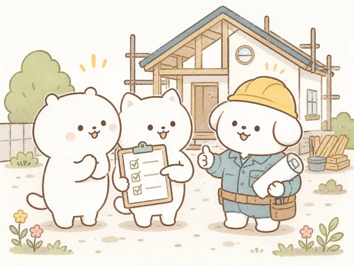 建築中の家の前で工務店と確認事項を共有するイラスト
