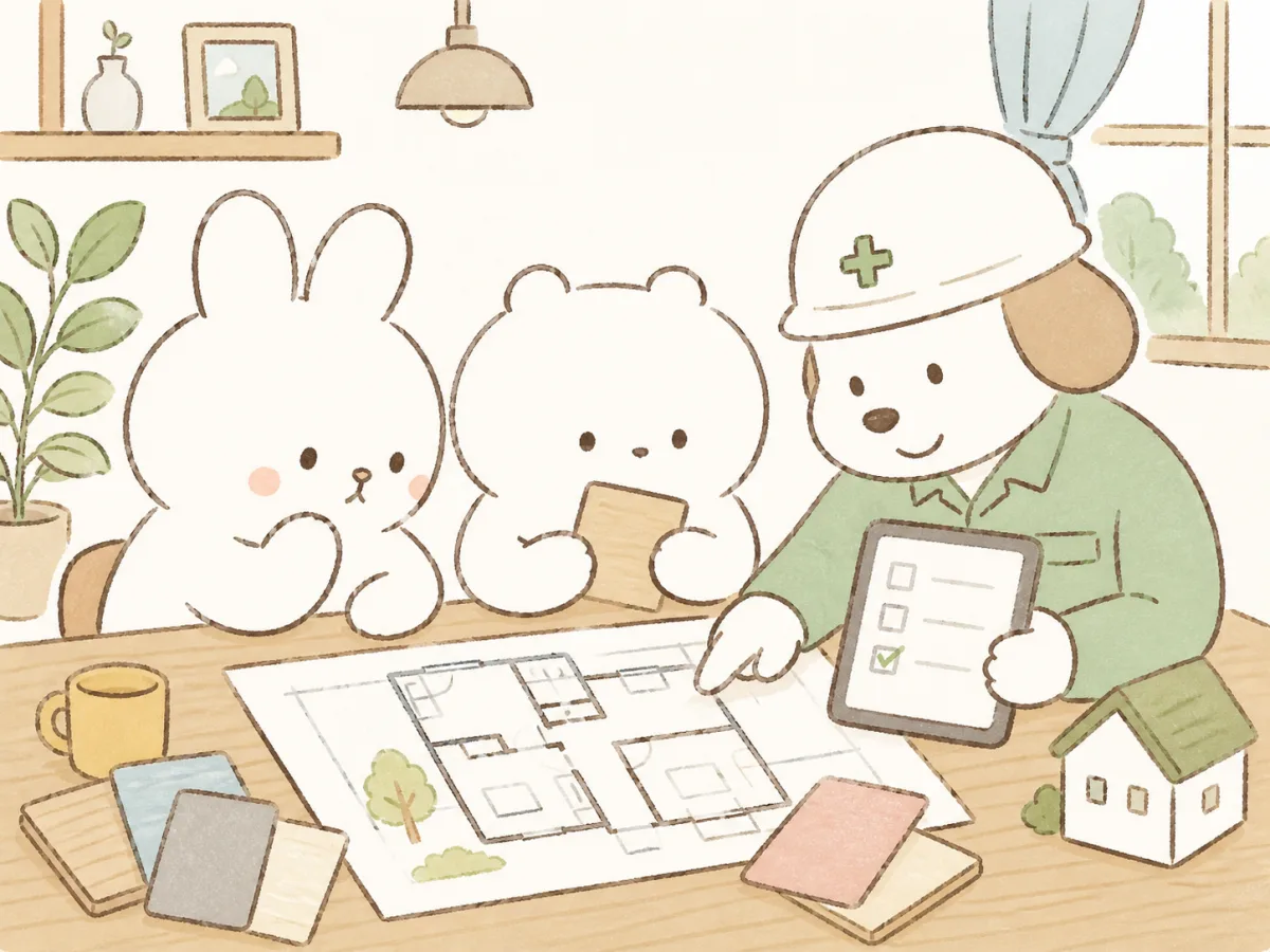 家族と担当者が間取りや設備を相談するイラスト