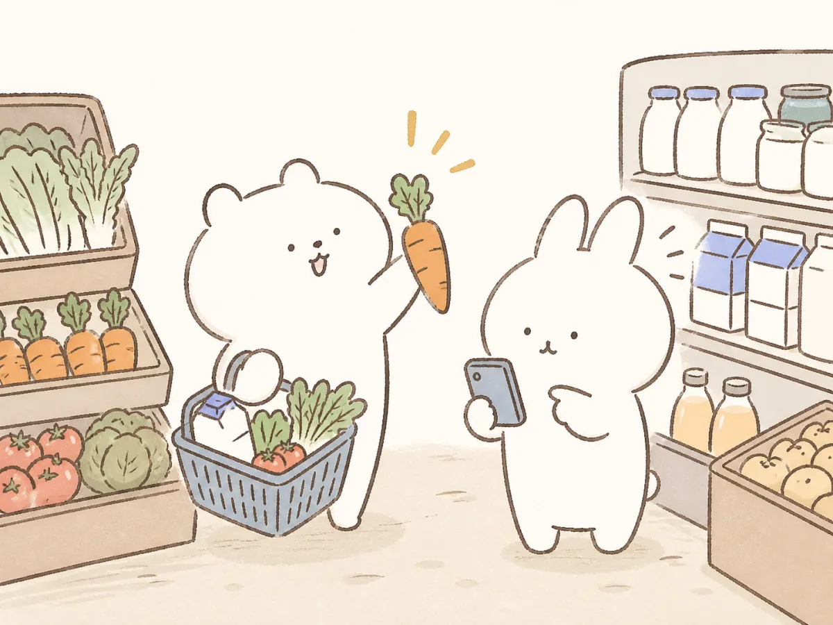 家族で買い物リストを確認しながら食材を選ぶイラスト