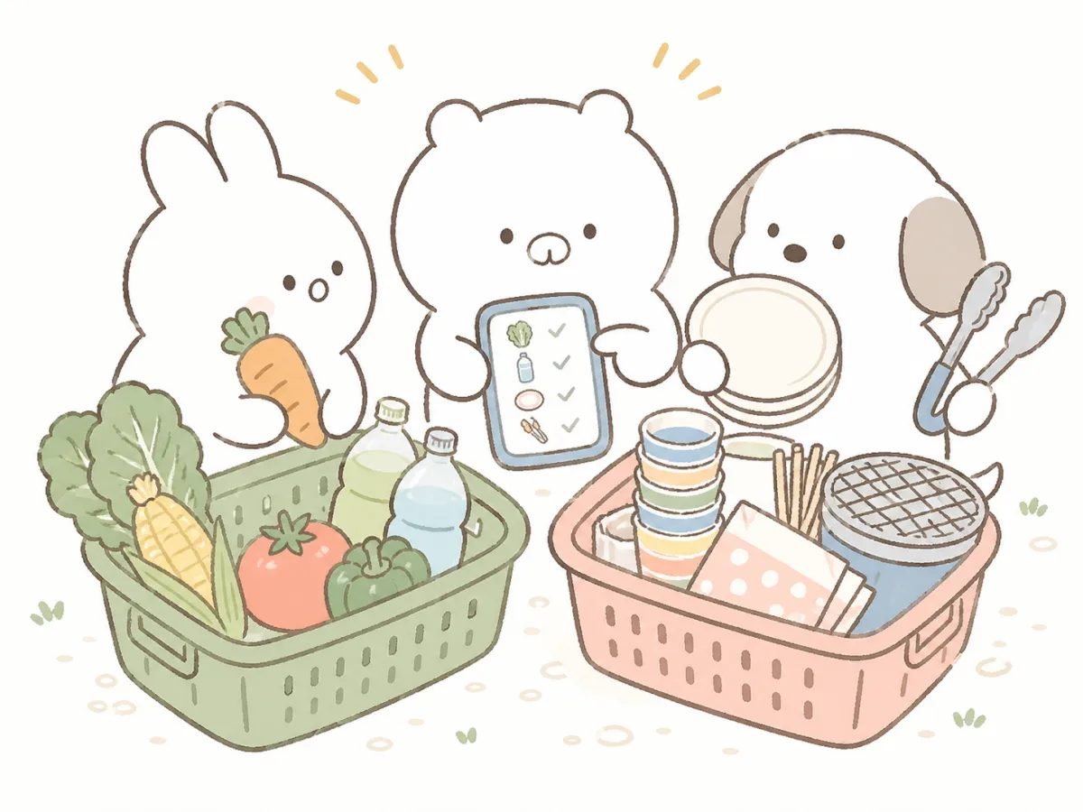 イベント用の食材と道具を分担して買うイラスト