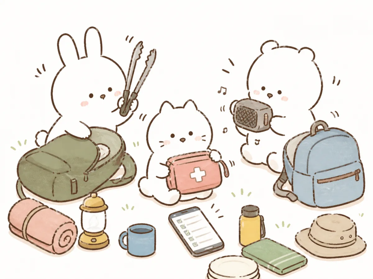 友達同士で旅行の共用品を分担するイラスト